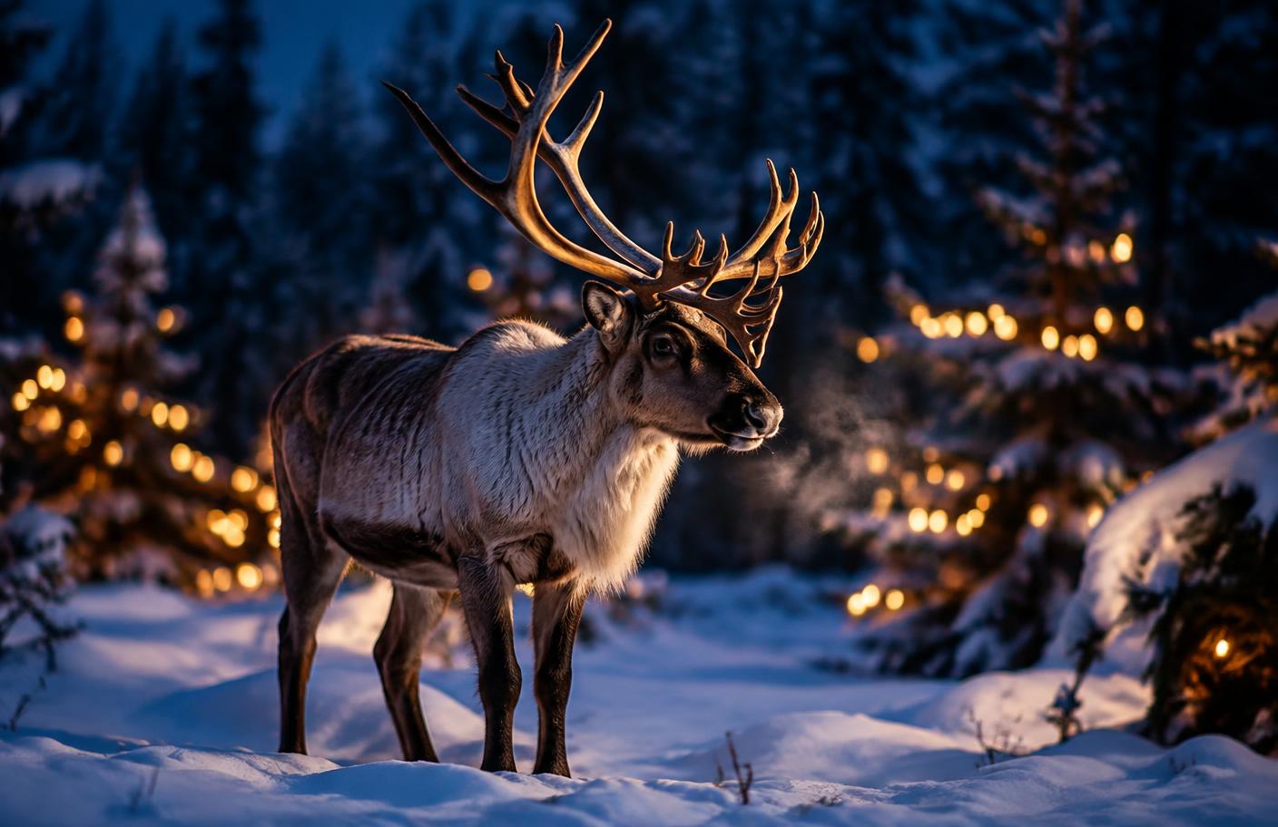 A reindeer standing in the snow at dusk, lit by warm fairy lights
